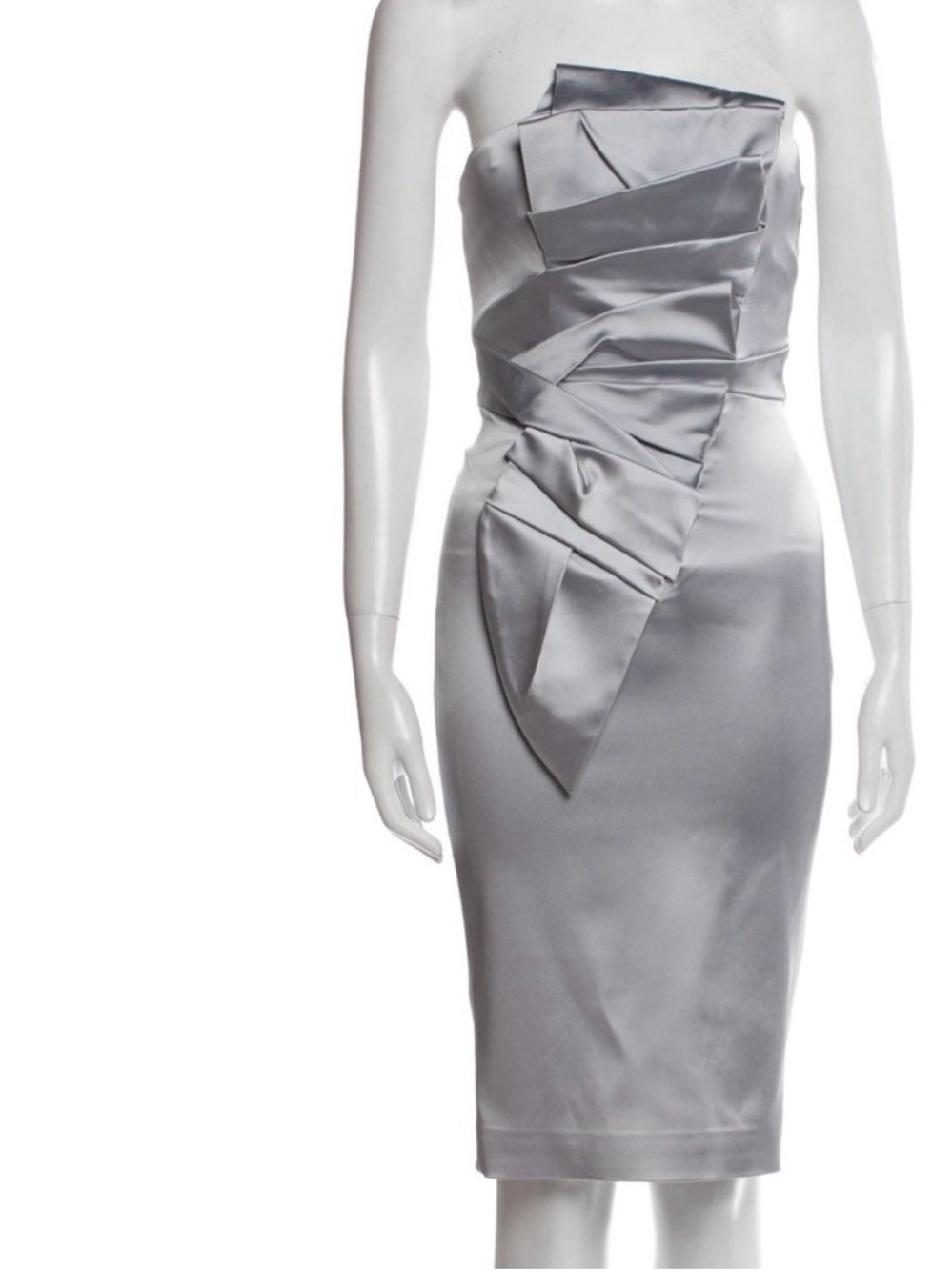 Karen Millen Silver Strapless Sculpted Satin Sheath Dress